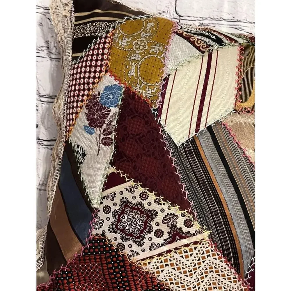 Vintage Crazy Quilt Accent Pillow Patchwork Velvet Back Embroidery Handmade
